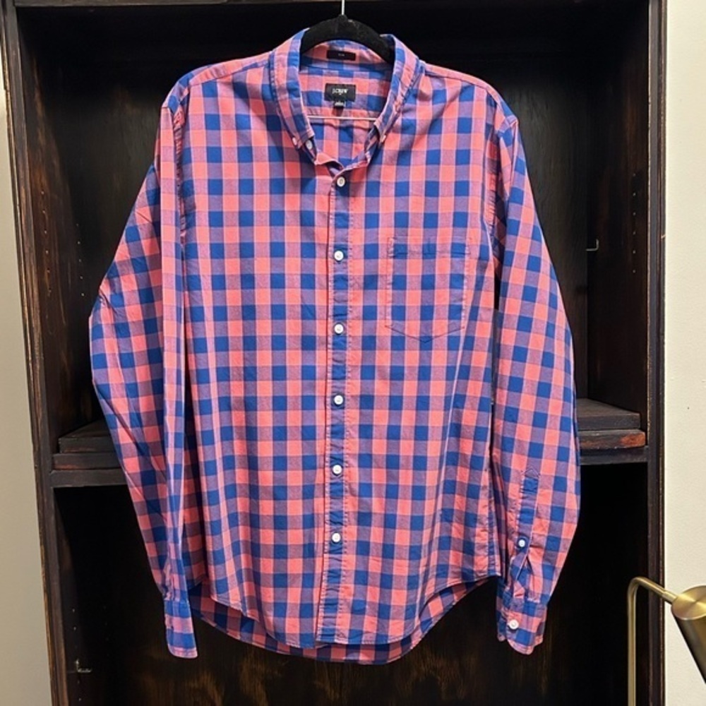 J. Crew Men’s Slim Fit Full Button Collared Dress Shirt  Large Pink Blue Plaid